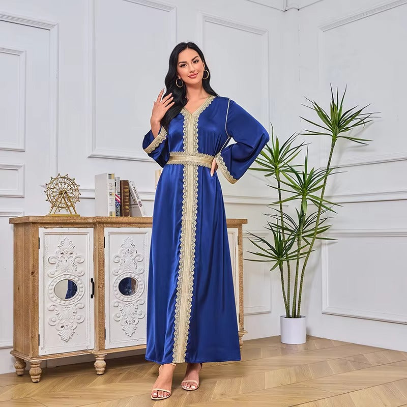 Mode marokkanischer Kaftan für Frauen 2 Stück Sashes Guipure Spitzeneinsatz Volles Ärmel Elegante schicke weibliche weibliche Kleider