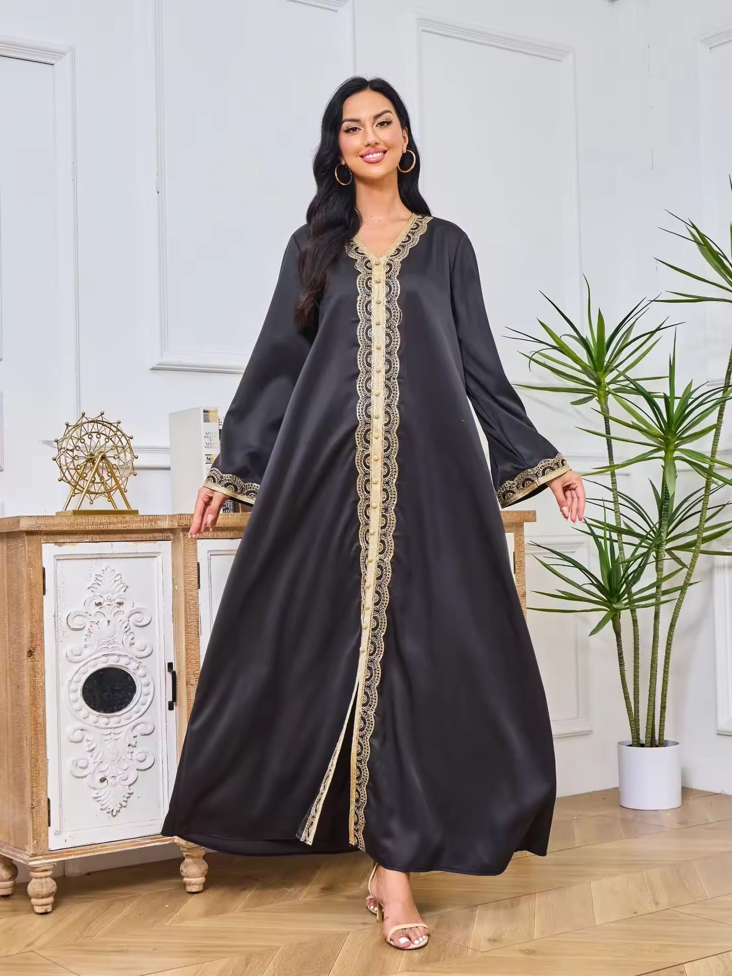 Vestidos largos turcos de moda modesta, ropa islámica para mujeres, bordado, manga completa, fajas con cuello en V, Abaya musulmana