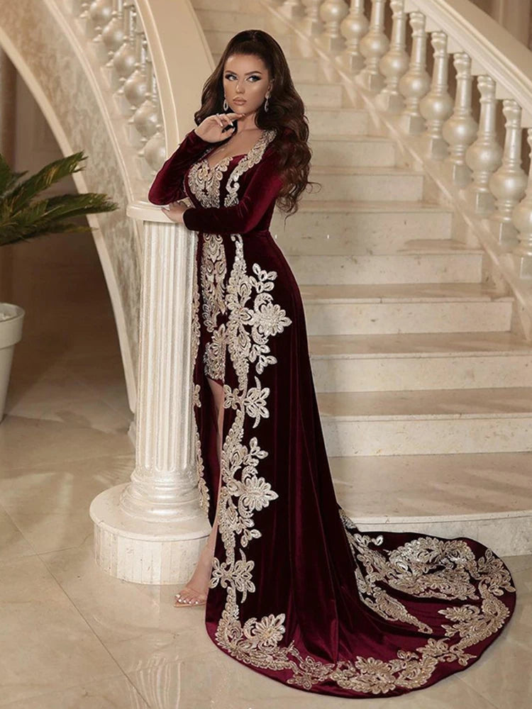 Burgundy Morocco Caftan Evening Dresses Full Sleeve Lace Mermaid Prom Gowns Classic Formal Evening Party Dress Burgundy