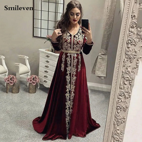 Lace Burgundy Moroccan caftan Evening Dresses V Neck Crystal Algeria Arabic Muslim Special Occasion Dresses Party Gowns