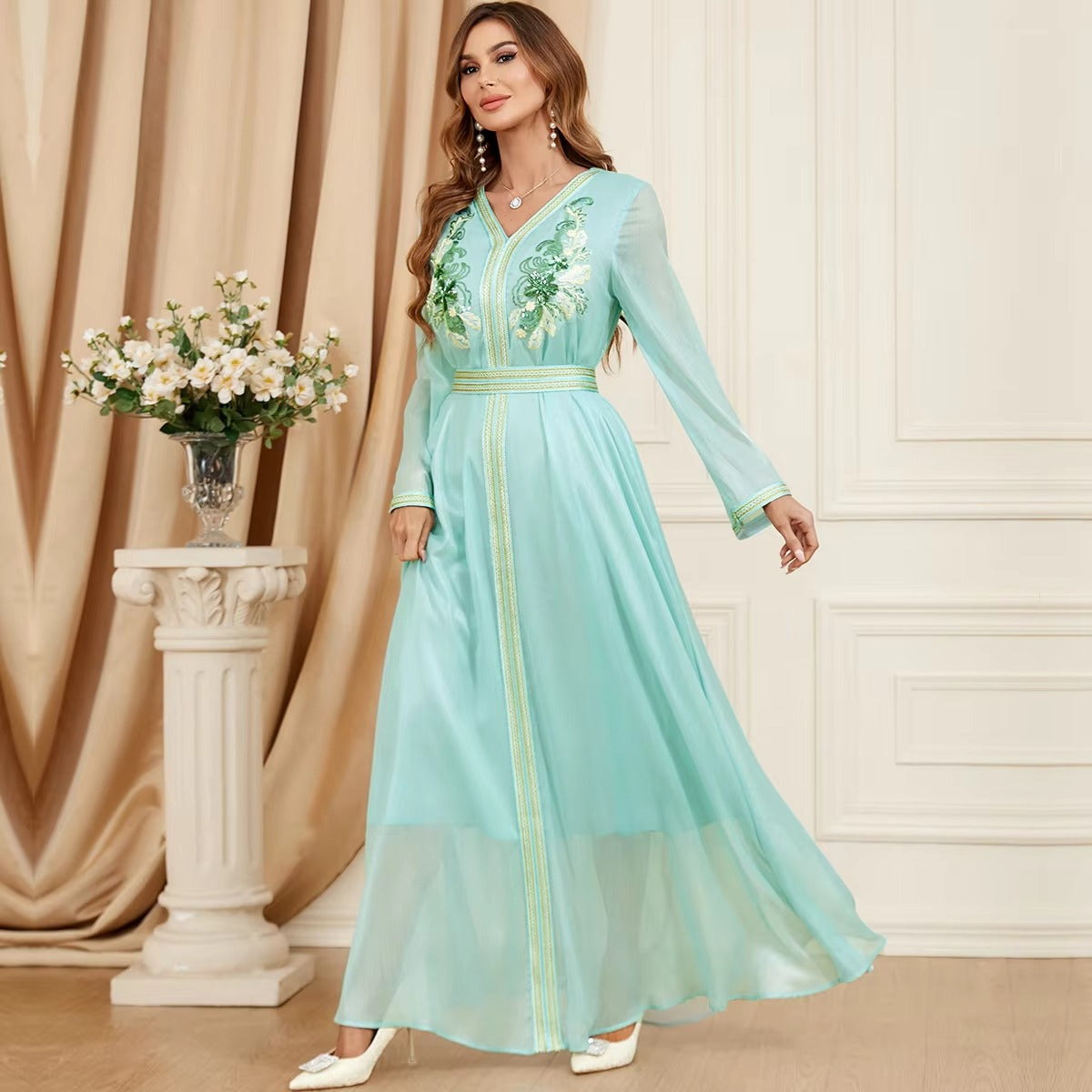 African Dubai Islamic Dress For Woman Evening Party Chic Sequins Full Sleeve V-Neck Belted Gown Jalabiya Moroccan Abaya