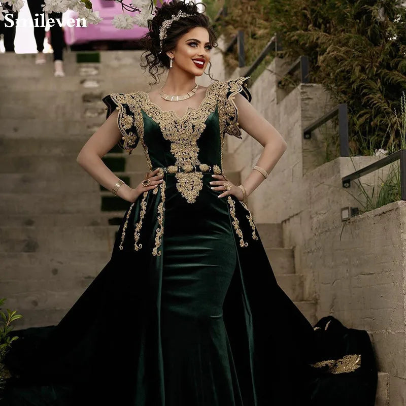 Hunter Green Moroccan Caftan Velvet Evening Dress Appliqued Lace Outfit Prom Gowns Dubai Arabic Women Party Dresses