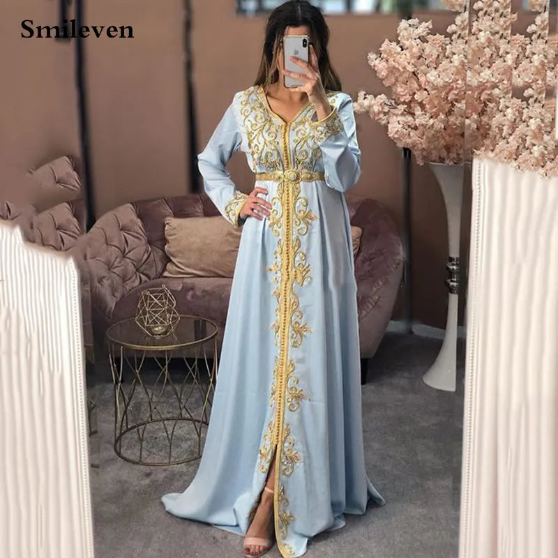 Sky Blue Moroccan Caftan Formal Evening Dress Long Sleeve Muslim Party Dress Gold Lace Dubai Special Occasion Dresses