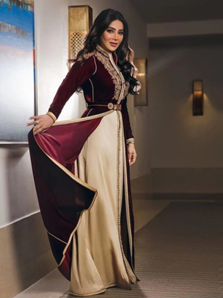 Charmant dubaï caftan marocain robes de soirée bordeaux manches longues or dentelle Appliques robes de bal robe arabe pour la fête