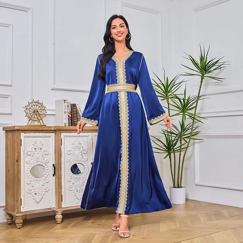 Mode marokkanischer Kaftan für Frauen 2 Stück Sashes Guipure Spitzeneinsatz Volles Ärmel Elegante schicke weibliche weibliche Kleider