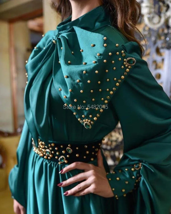 Moroccan Kaftan Evening Dresses Arabic High Neck Beaded Pearls Long Sleeves Satin Muslim Prom Gown Party vestido de festa