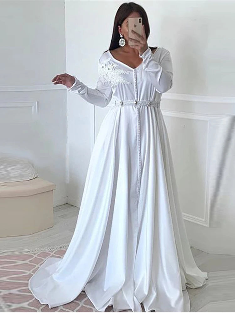 Vestidos de noite formal de Kaftan, marroquino branco com manga de manga cheia, vestidos de ocasião especial, apliques de renda de renda vestido de mãe