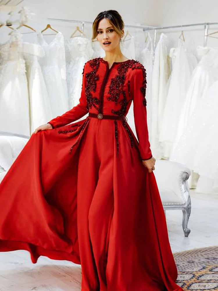 Red Kaftan Evening Dresses for Women Muslim Mother Dresses Detachable Train Appliques Dubai Saudi Vestido de Renda