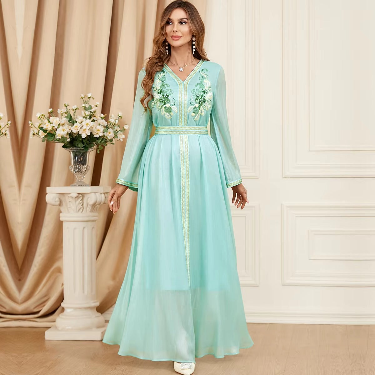 Robe islamique africaine dubaï pour femmes, tenue de soirée Chic à paillettes, manches longues, col en v, ceinture, Jalabiya, marocaine Abaya