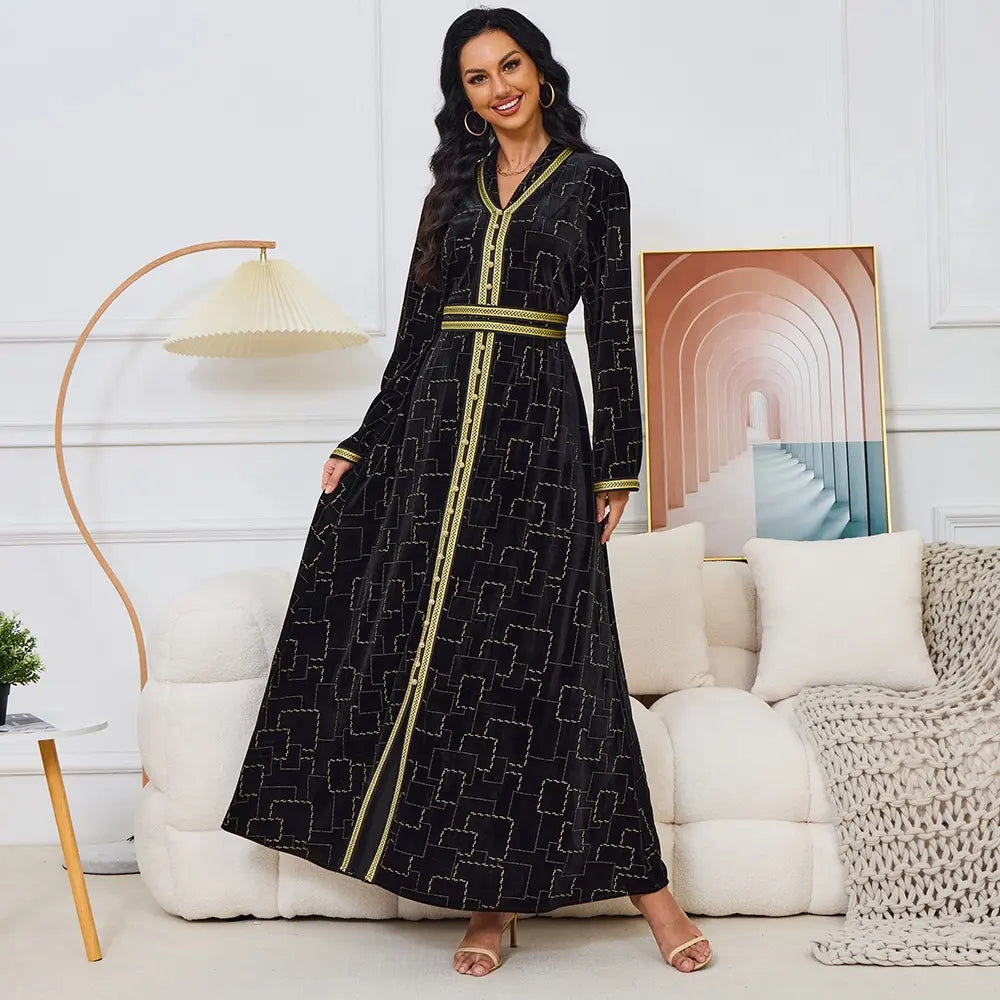 Otoño Invierno terciopelo negro vestido largo estampado dorado manga larga cuello en V cinturón Abaya Jalabiyat marroquí Dubai Kaftan