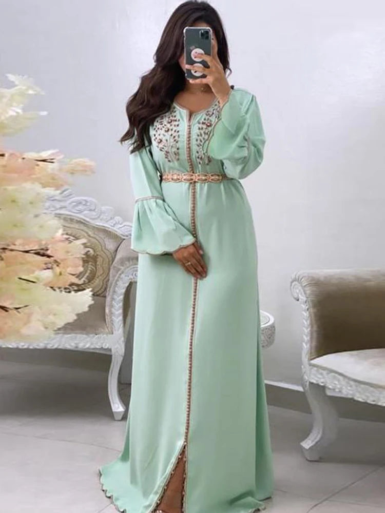 Kralende groene Marokkaanse Kaftan formele avondjurken met lange mouw prom speciale gelegenheid jurken moeder jurk vintage