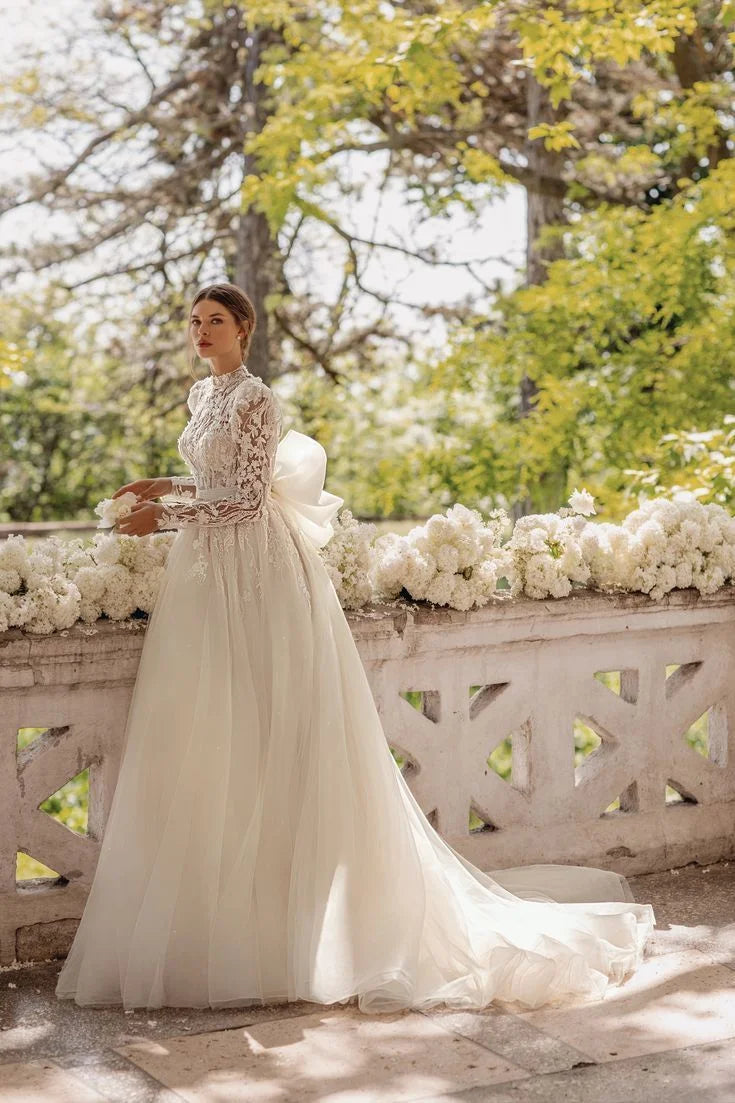 Robe De mariée style bohémien, Vintage, en Tulle, avec des Appliques en dentelle, manches longues, col haut, ligne a