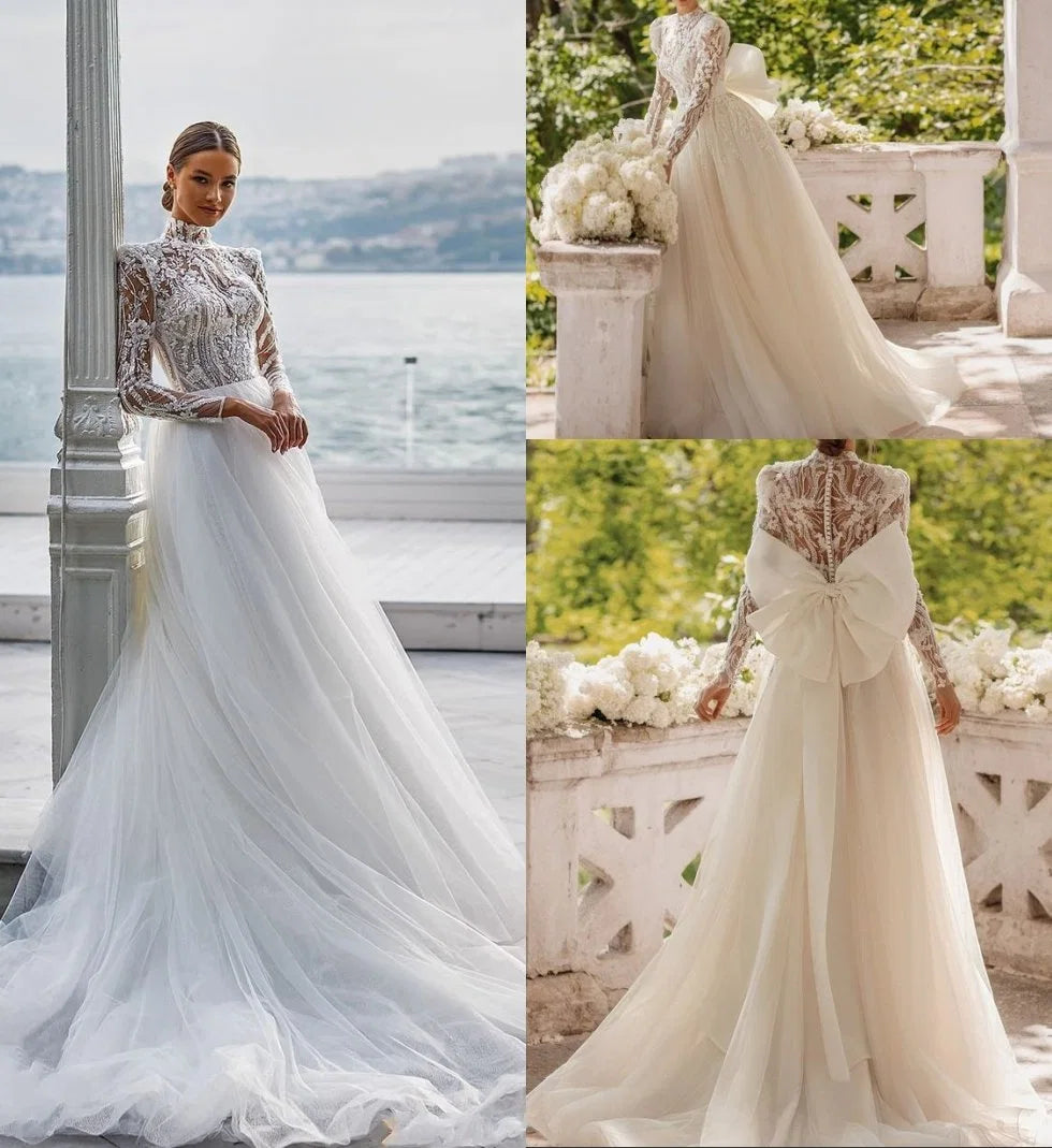 Robe De mariée style bohémien, Vintage, en Tulle, avec des Appliques en dentelle, manches longues, col haut, ligne a