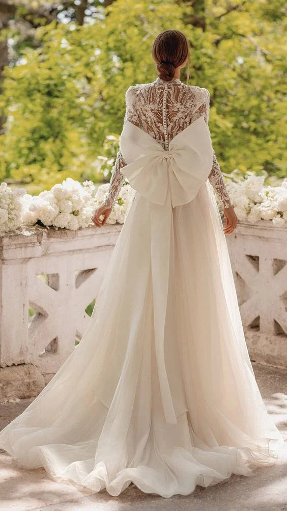 Vestidos De Novia bohemios, Vestidos De Novia De tul Vintage, Apliques De encaje, mangas largas, cuello alto, corte en A, Vestidos De Novia