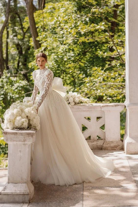 Robe De mariée style bohémien, Vintage, en Tulle, avec des Appliques en dentelle, manches longues, col haut, ligne a