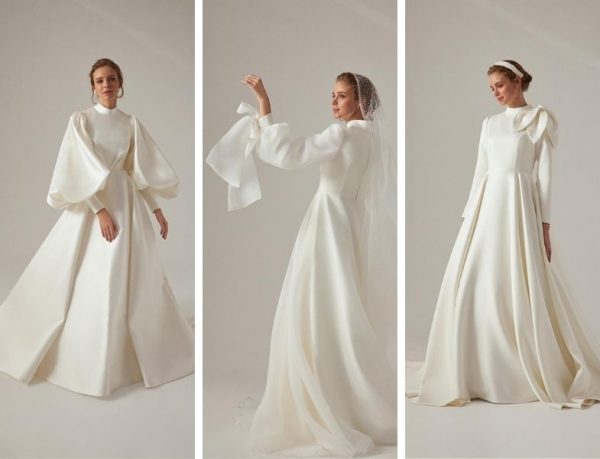 Moslim High Collar Ivory A-lijn trouwjurken Vouw met pieepmouw satijn gedrapeerde plooi Bruid jurk vloer lengte gewaad de mariée