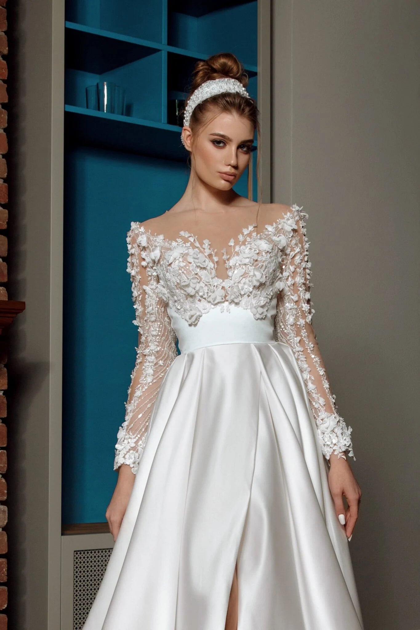 3D Lace Hafdery Line Wedding Suknia Długa iluzja