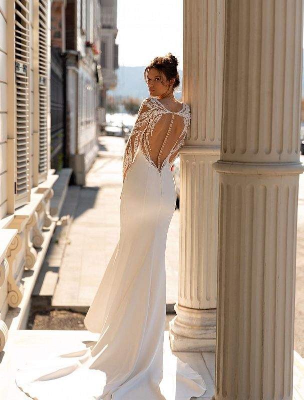 Indicate Long Sleeves Mermaid Satin Wedding Gown Scoop Bride Dresses Sheer Back Bridal Gown Vestidos De Novia