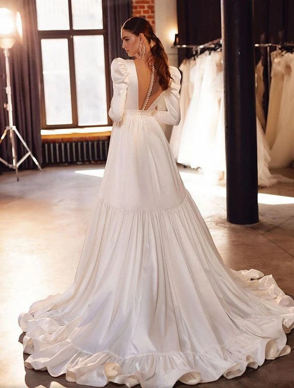 Robe De mariée Chic à manches longues, élégante robe De mariée en Satin, col en V, avec traîne Court 