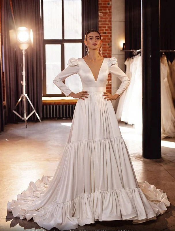 Robe De mariée Chic à manches longues, élégante robe De mariée en Satin, col en V, avec traîne Court 