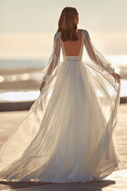 Robe de mariée trapèze en dentelle et Tulle, style Boho, col rond, manches longues, dos nu, élégante, sur mesure, pour femmes 