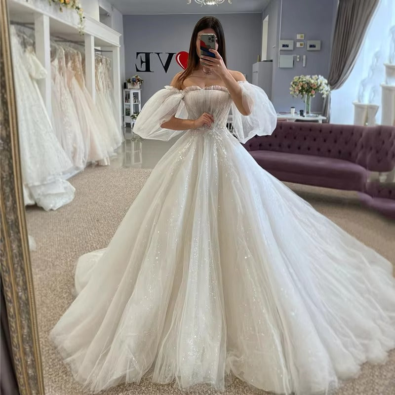 Sparky Princess Vintage Brautkleider Spitzenperlen Braut Kleid Puffarm Korsett Rücken Hochzeitskleider plus Größe Vestidos