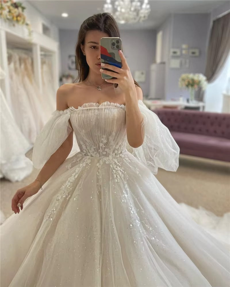 Sparky Princess Vintage Brautkleider Spitzenperlen Braut Kleid Puffarm Korsett Rücken Hochzeitskleider plus Größe Vestidos