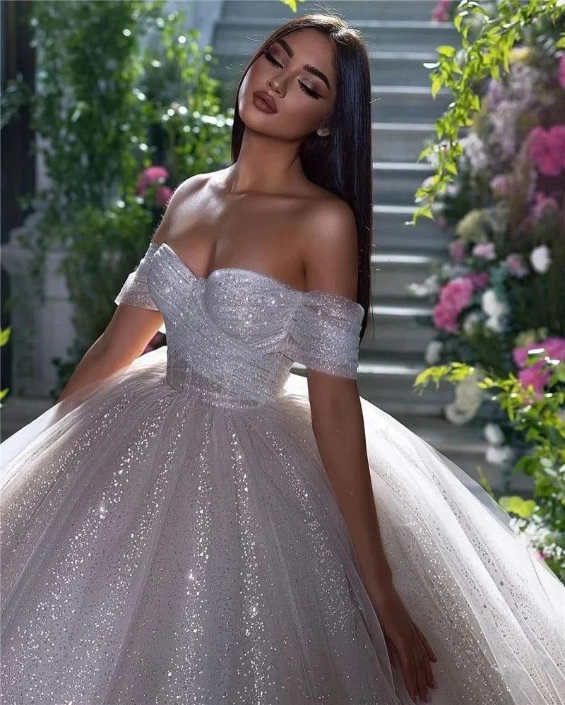 LORIE Glitter Tulle Wedding Dresses Off Shoulder Shiny Puffy Pleated Prom Bridal Gowns Sparkly Ball Pageant Bride Dress