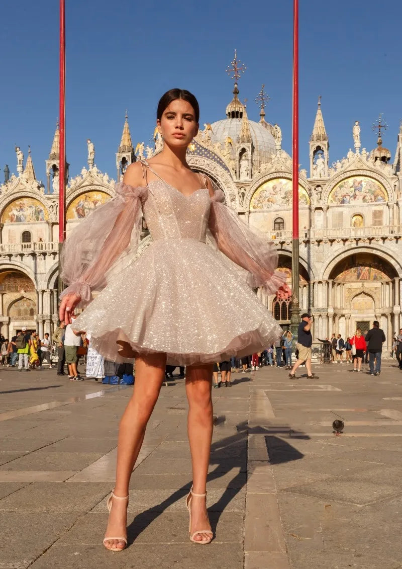 Vestido de noche de tul con mangas abullonadas y lentejuelas cortas de princesa Marrilee, vestido de fiesta Sexy con tirantes finos y cuello en V, corte en A, sin espalda y con cordones 