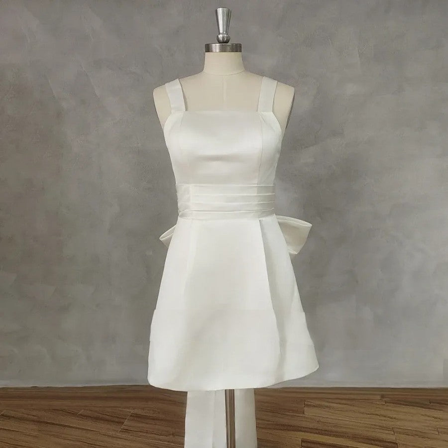 Zivil Mini Kurzes Hochzeitskleid mit Bogen für Frauen ärmelloses Square Kragen A-Line Braut einfach offenes Rückenkleid Vestido de Novia