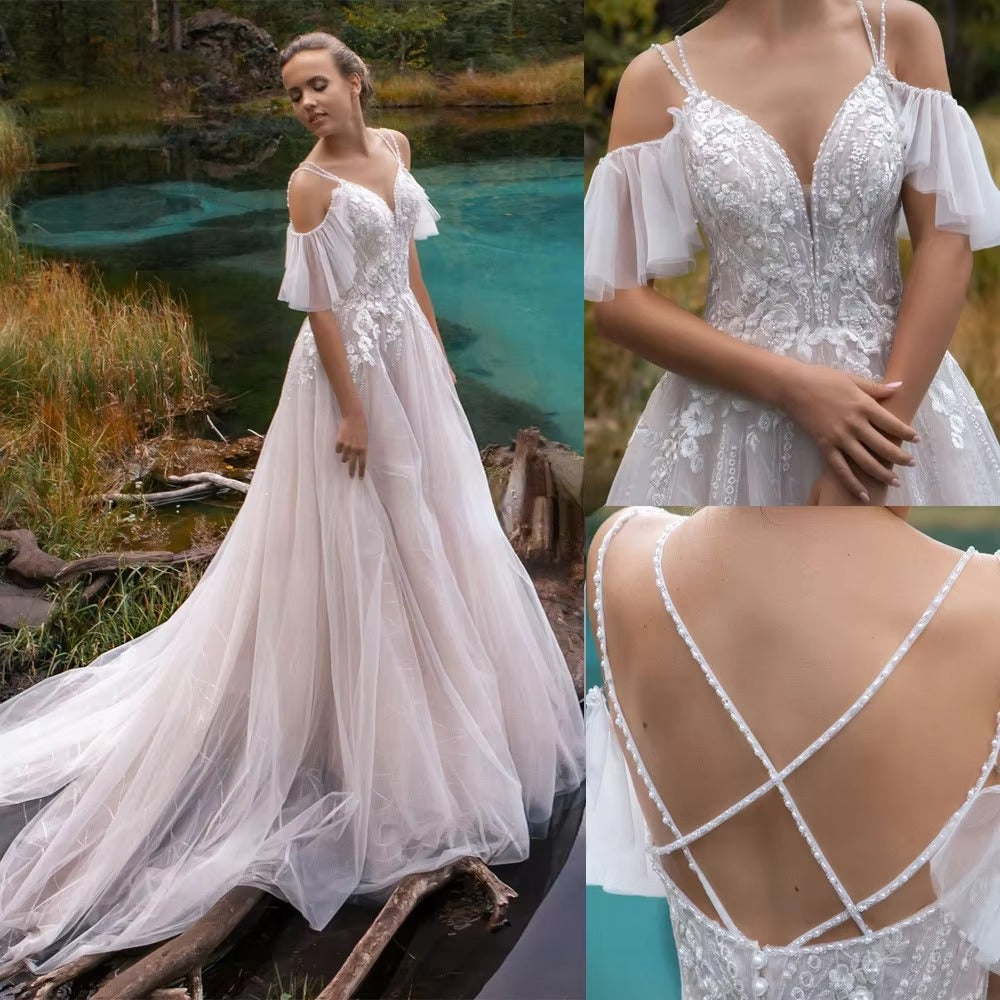 Luxury Off the Shoulder Wedding Dresses V-neck Beading Straps 3D Flowers Appliques Open Back Bridal Gowns Robe de Mariee