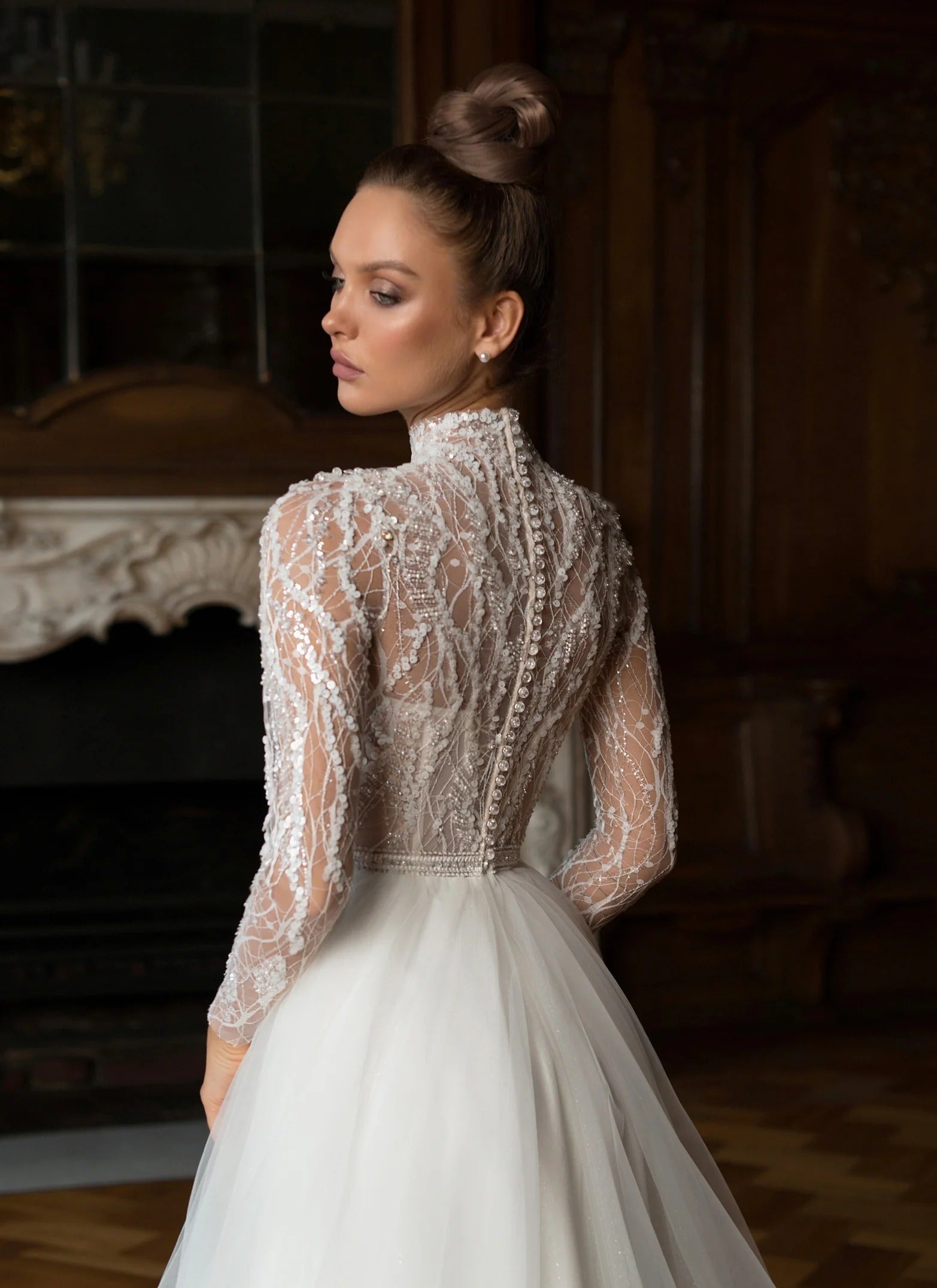 LISM Sparkly Sequined O-Neck Vestidos De Novia A-Line Tulle Elegant Wedding Dresses Illusion Long Sleeves Floor Length