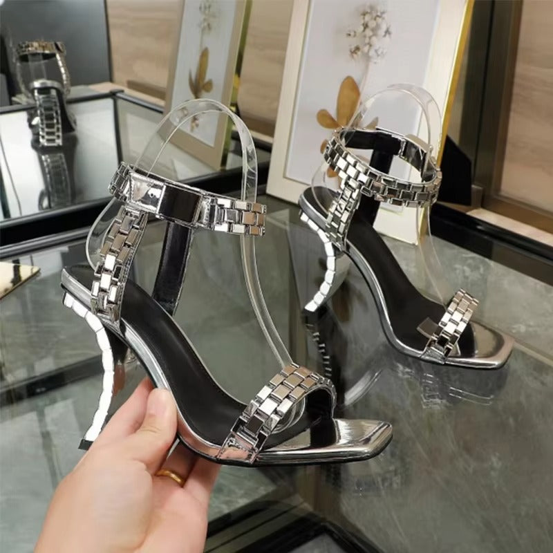 Montre à talons hauts en métal pour femmes, sandales à bout carré, Style étrange, nouvelle mode d'été, chaussures de fête, défilé 