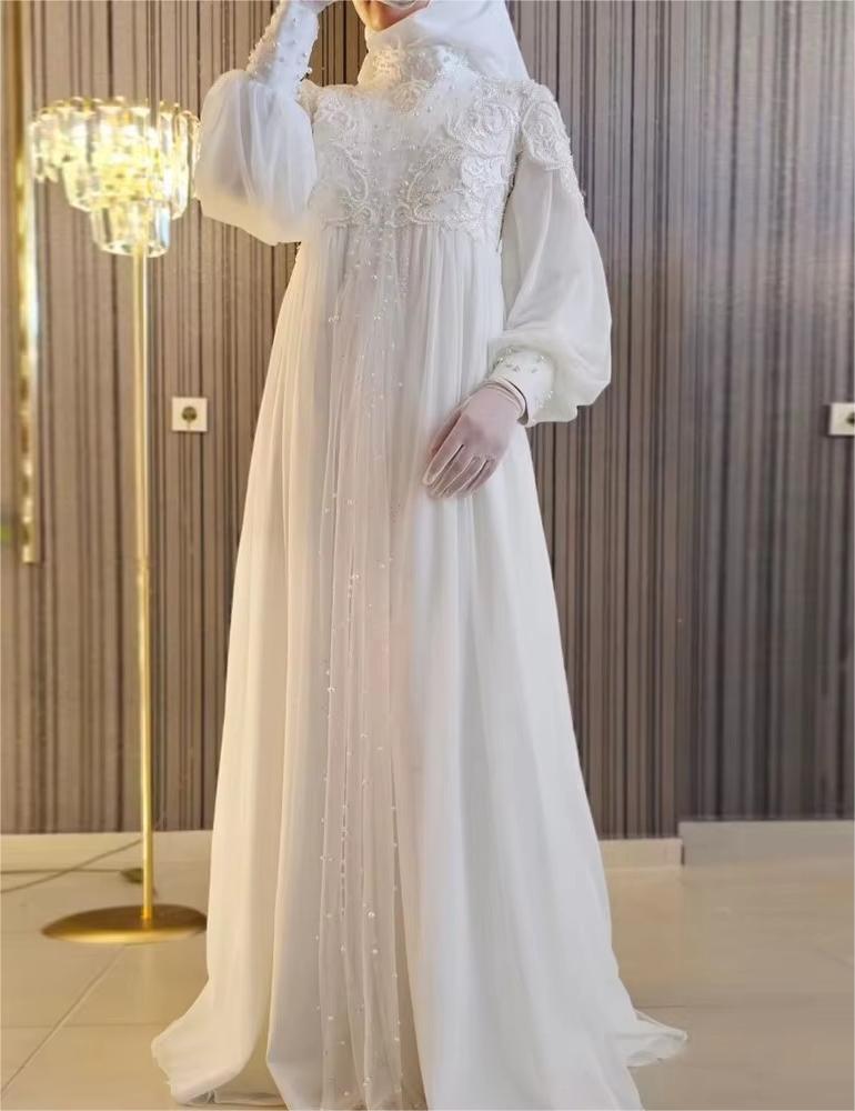 Vestidos de nolia Dubai Abito da sposa hijab musulmano per perle in pizzo a maniche lunghe per perle in perline