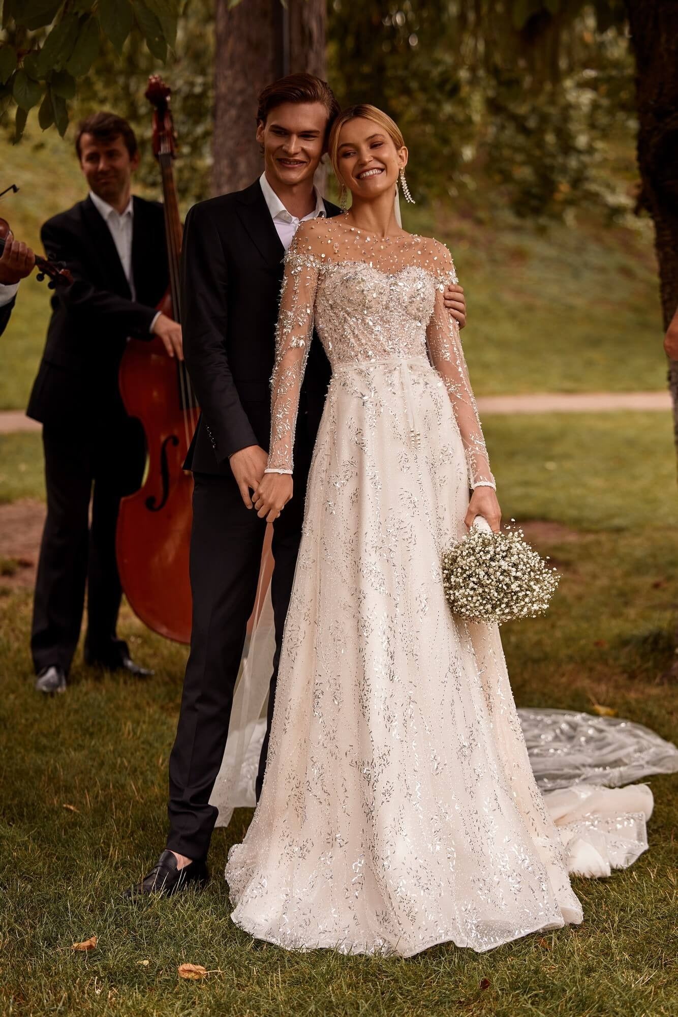 Vestido De novia sencillo De manga larga con cuello redondo, vestido De novia con cuentas y lentejuelas brillantes, vestido De novia largo clásico con perlas, vestido De novia largo 