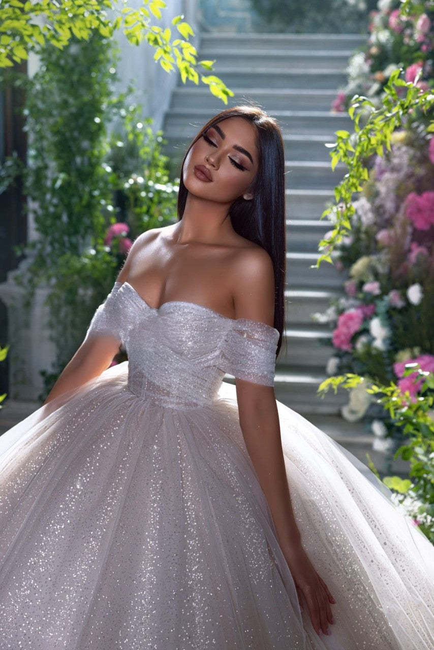 LORIE Glitter Tulle Wedding Dresses Off Shoulder Shiny Puffy Pleated Prom Bridal Gowns Sparkly Ball Pageant Bride Dress