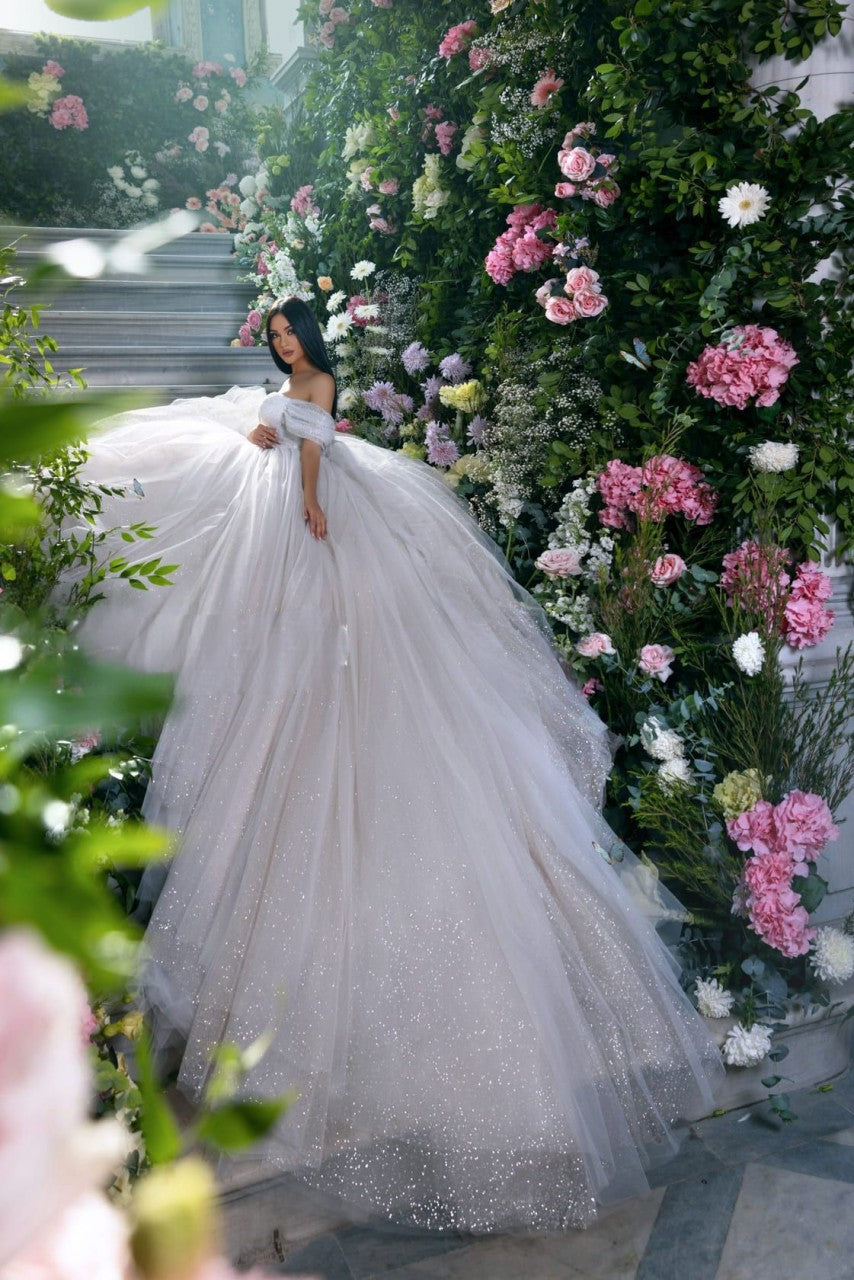 LORIE-vestidos de novia de tul con purpurina y hombros descubiertos, vestidos de novia plisados ​​brillantes y hinchados para graduación, vestido de novia para desfile de baile brillante 