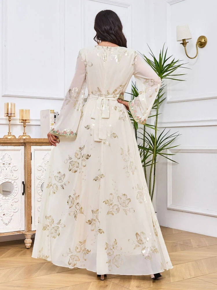 Fashion White Printing Turkish Long Dress Female Tape Trim Full Sleeve V-Neck Belted Clothing Abayas For Muslim Women