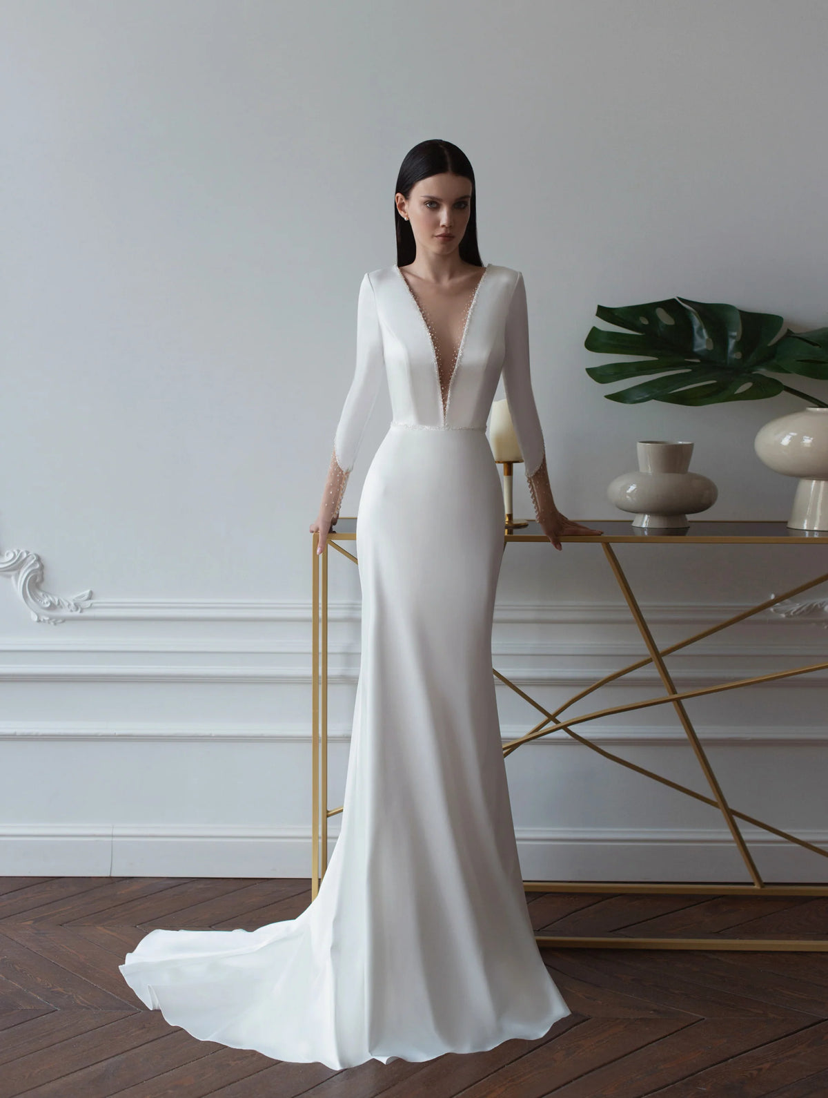 New Deep V-Neck Satin Wedding Dress Simple 3/4 Sleeve Backless Mermaid Bridal Gowns Sweep Train For Women Brides Gowns White