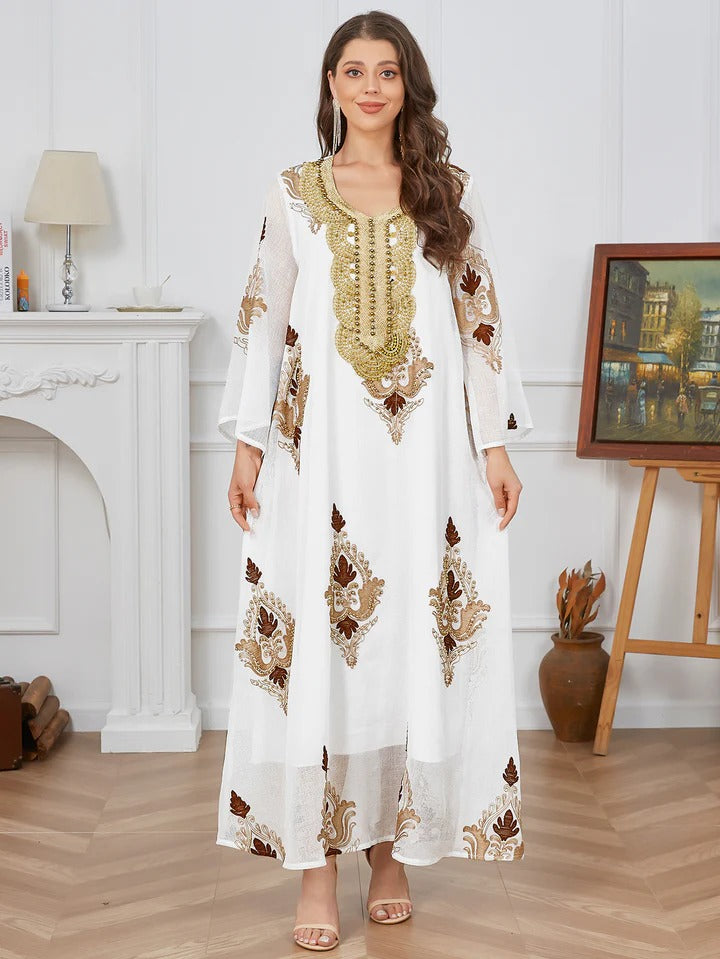 Fashion White Casual Beading Floral Embroidery Evening Party Dress Long Sleeve O-Neck Loose Abaya Moroccan Gulf Women