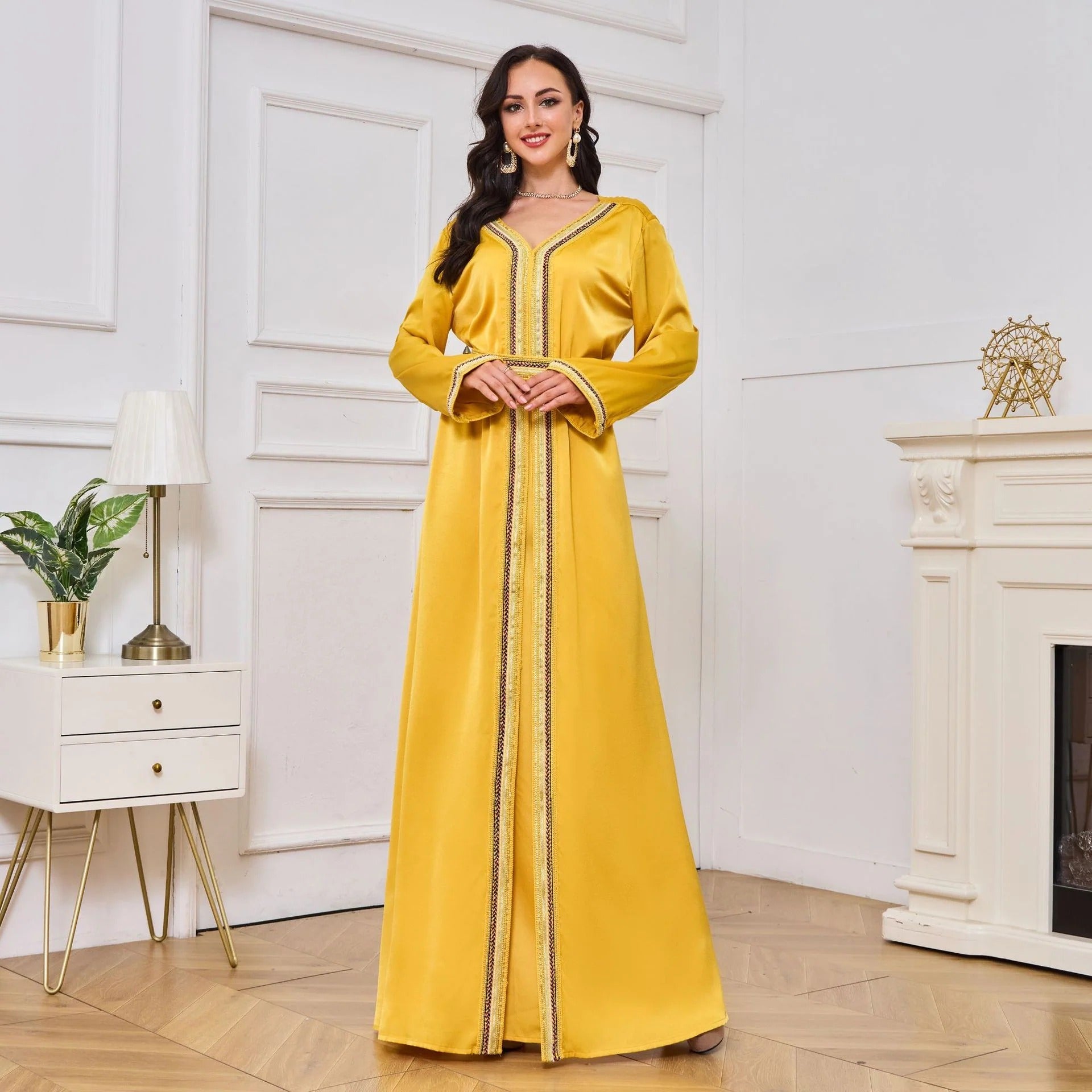 Mode grundlegende solide marokkanische Kaftan für Frauen Bandverkleidung Diamanten V-Ausschnitt Full Säsche Schärpe elegante schicke weibliche Kleider