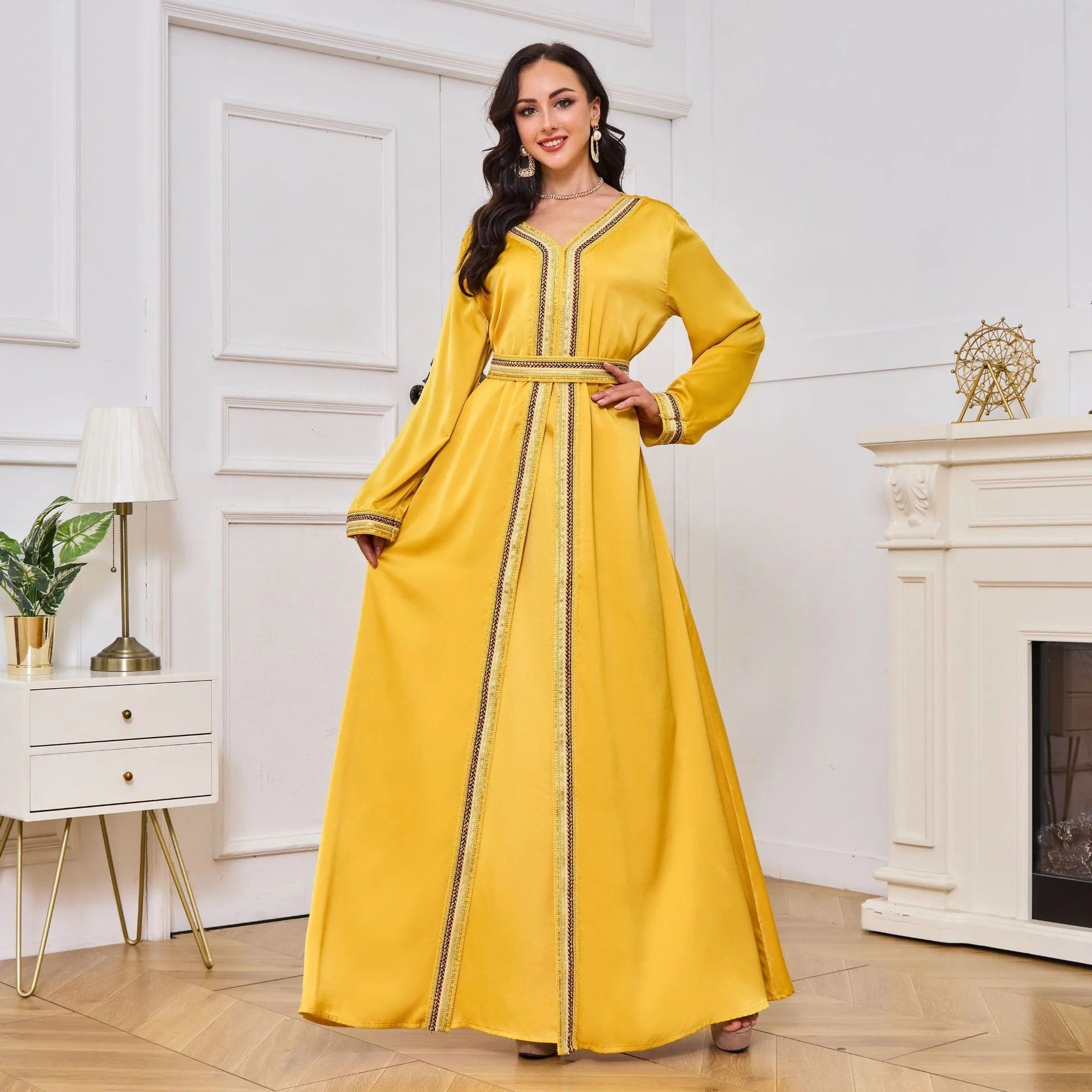 Mode grundlegende solide marokkanische Kaftan für Frauen Bandverkleidung Diamanten V-Ausschnitt Full Säsche Schärpe elegante schicke weibliche Kleider