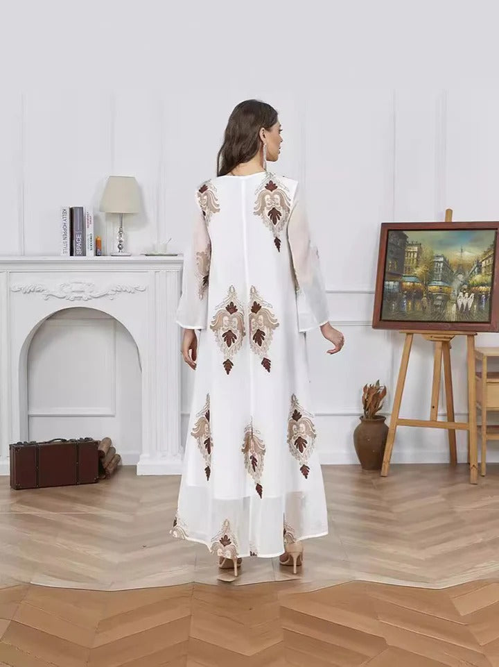 Mode blanc décontracté perles broderie florale robe de soirée à manches longues col rond en vrac Abaya marocain golfe femmes