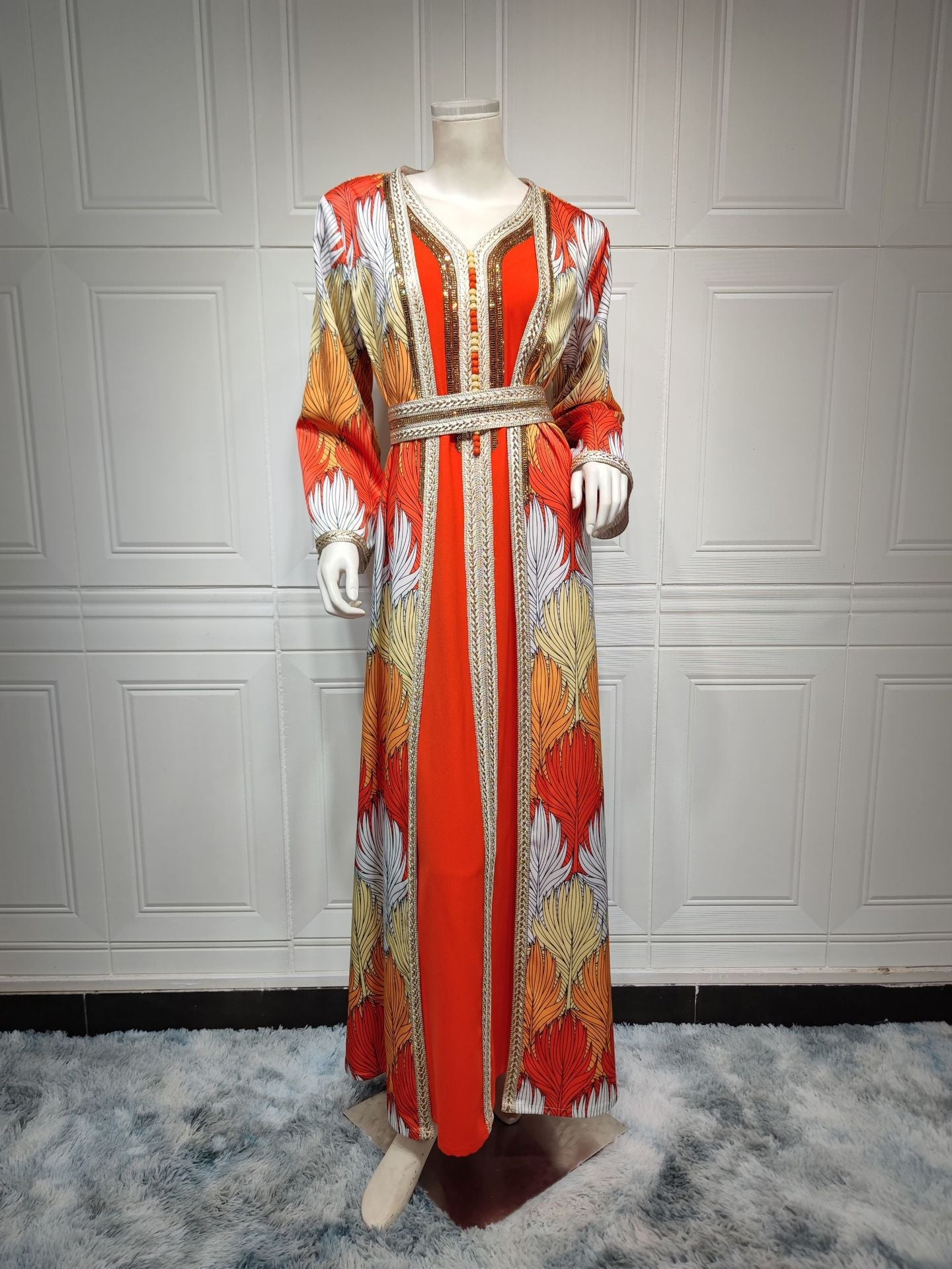 Magnifique ensemble de robes de soirée pour femmes musulmanes, Chic, avec bande en strass, col en V, manches longues, Jalabiya et Kimono Abaya, 2 pièces