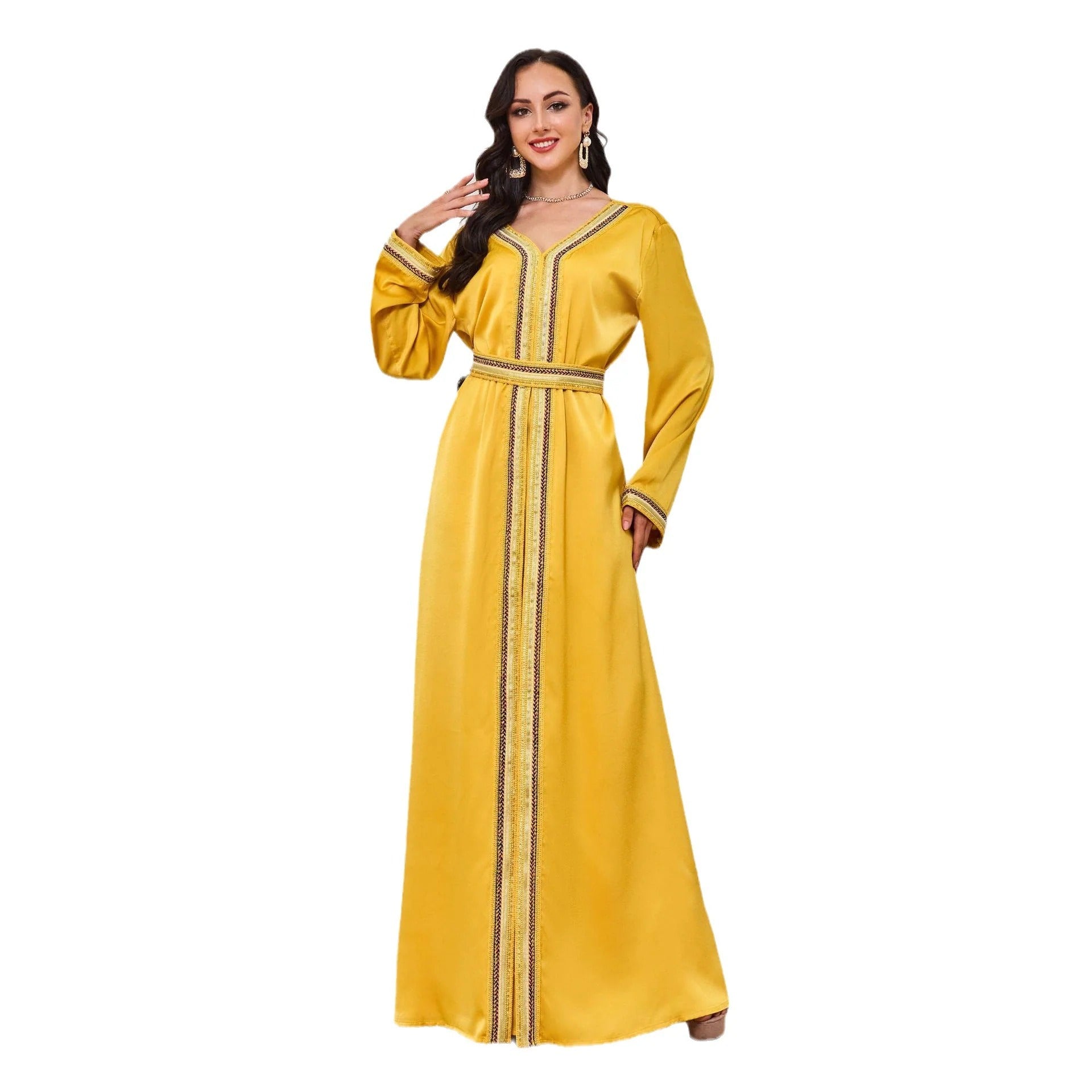 Mode grundlegende solide marokkanische Kaftan für Frauen Bandverkleidung Diamanten V-Ausschnitt Full Säsche Schärpe elegante schicke weibliche Kleider