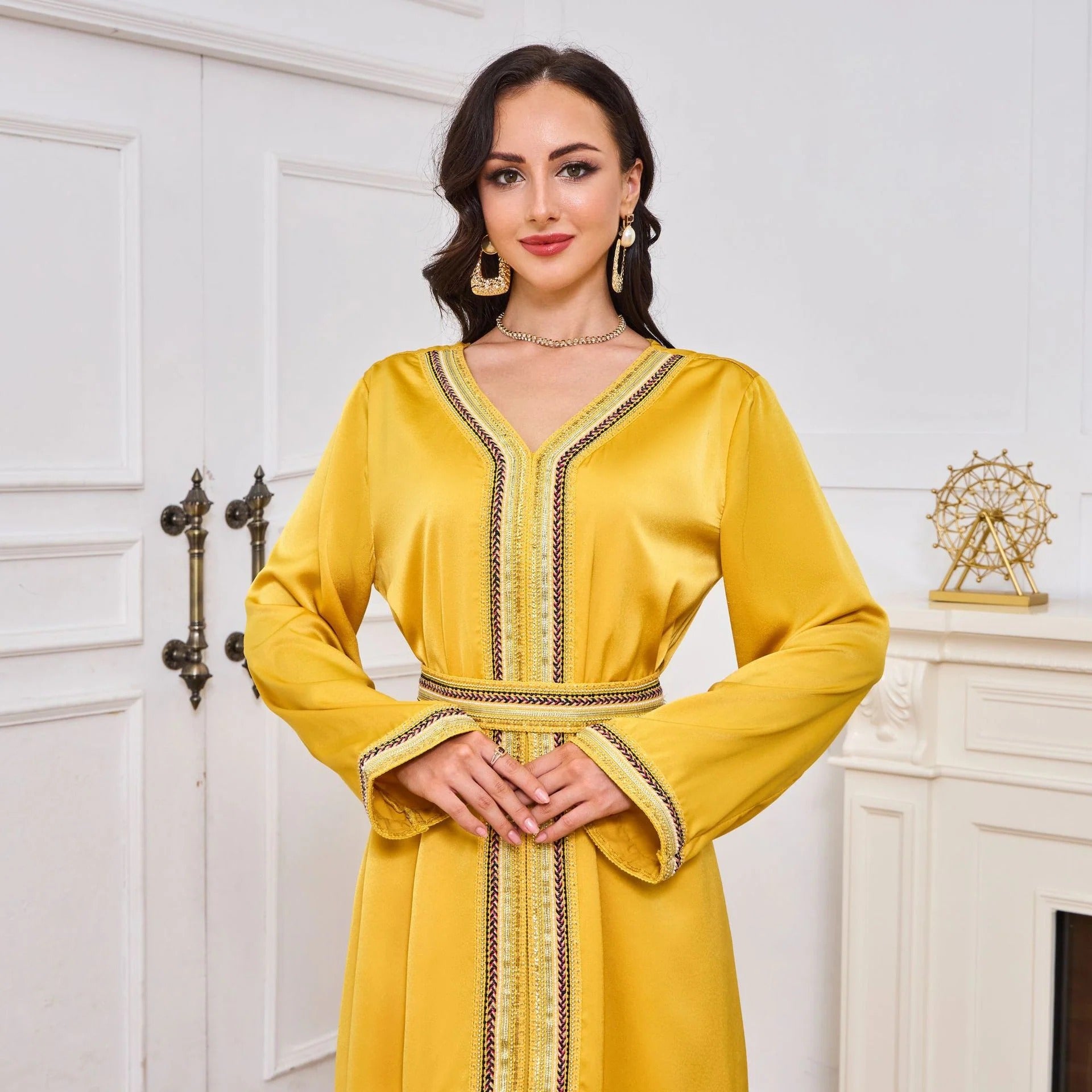 Fashion Basic Solid Moroccan Kaftan For Women Tape Trim Diamonds V-Neck Full Sleeve Sashes Elegant Chic Female Dresses