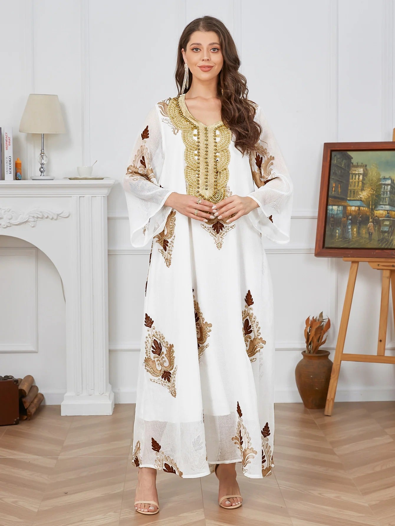 Fashion White Casual Beading Floral Embroidery Evening Party Dress Long Sleeve O-Neck Loose Abaya Moroccan Gulf Women