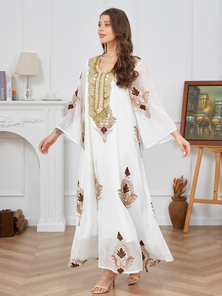 Vestido de fiesta de noche con bordado Floral, informal, blanco, manga larga, cuello redondo, Abaya holgada, Golfo marroquí