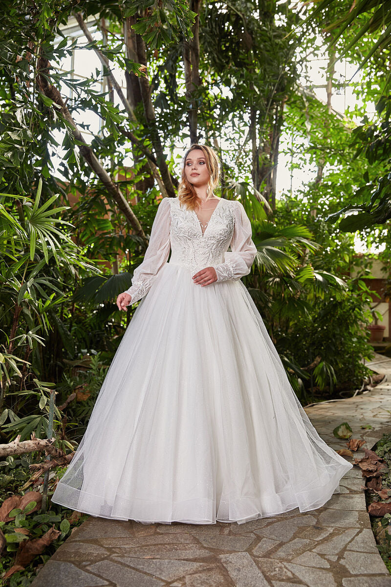 JEHETH Princess Wedding Dress For Woman Long Sleeves V-Neck Lace Up Bride Gowns Tulle A-Line Modern Plus Size vestidos de novia
