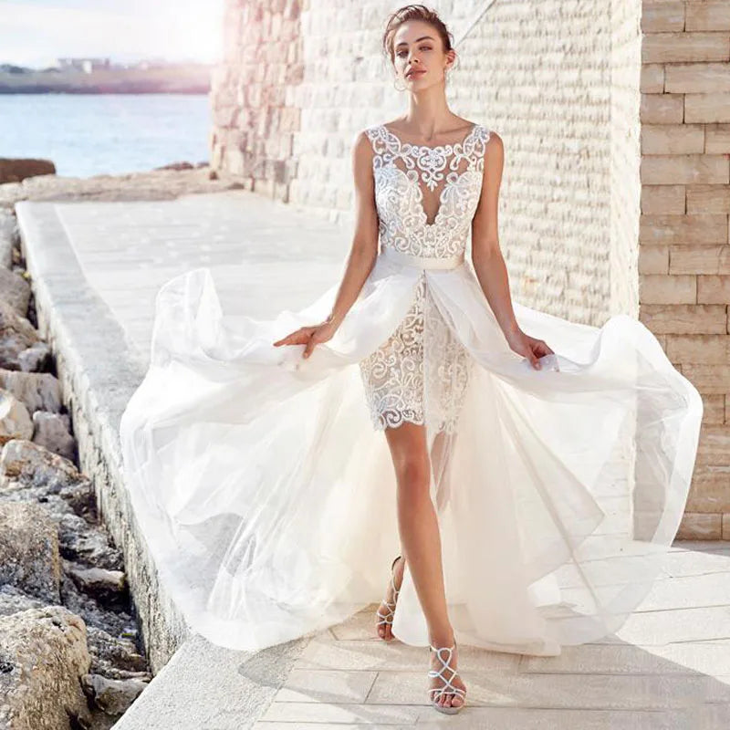 Sexy Bohemian Short Mermaid Wedding Dresses With Detachable Skirt Appliques Beach robes Wedding Dress Bridal Gowns Vestidos